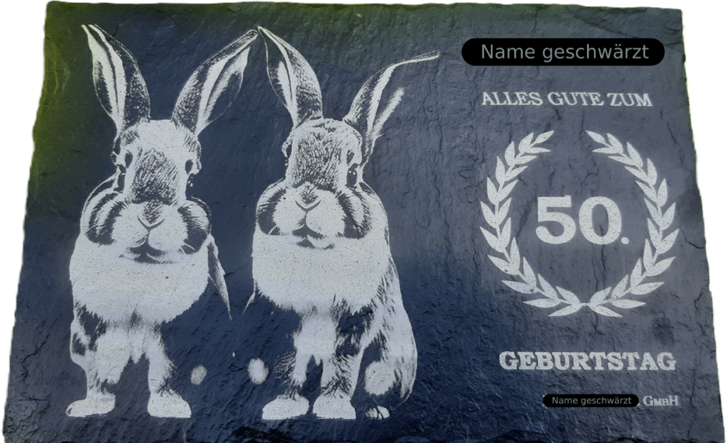 Eine individuell gestaltete Schieferplatte mit Gruß und Fotogravur zum Geburtstag in Saalfeld