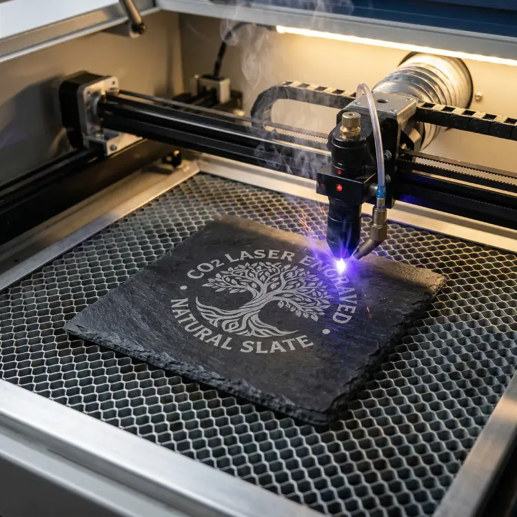 Eine Schieferplatte die in Probstzella mittels CO2-Laser graviert wird