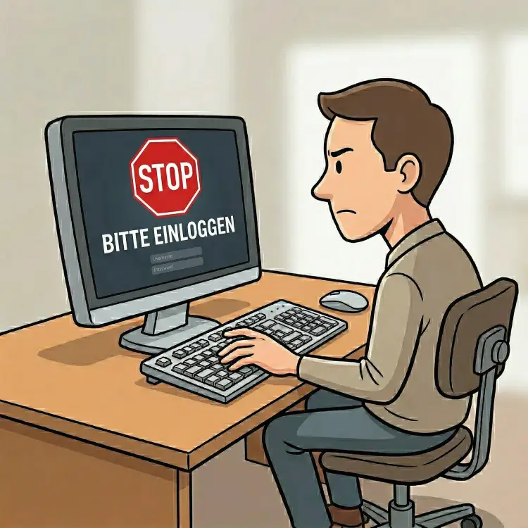 Mann sitzt an Rechner und muss sich einloggen